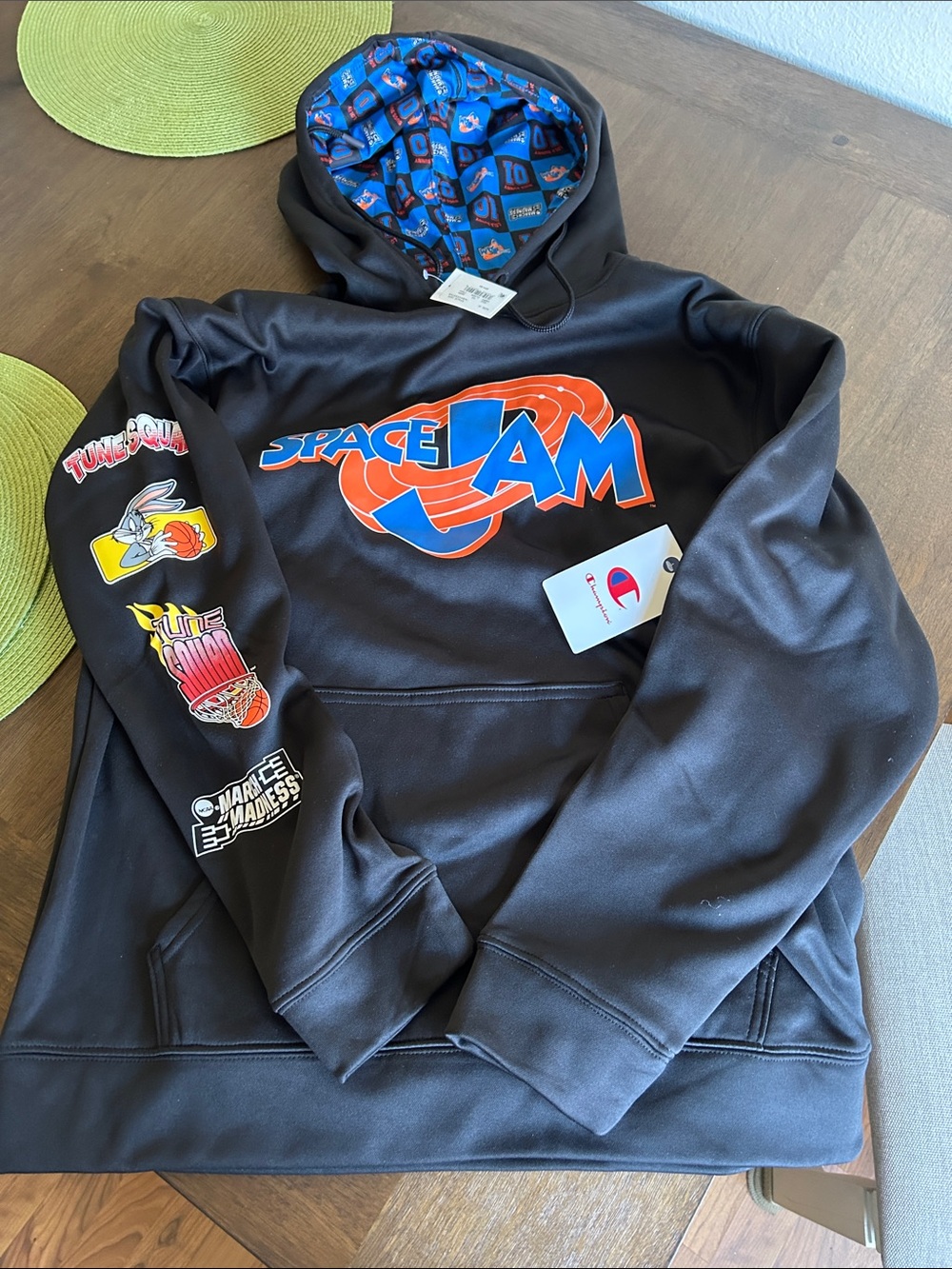 Champion Black Space Jam Graphic Crewneck Hoodie with Orange & Blue Logo Med